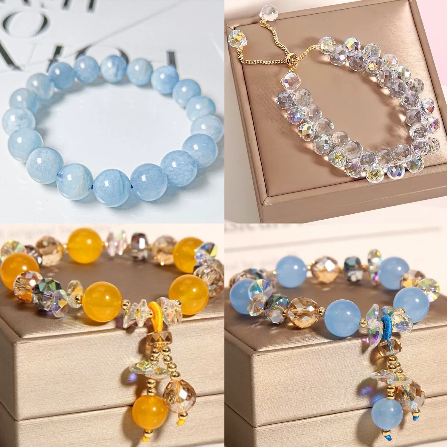 4-Pack Handmade Aquamarine Crystal Bracelets - Women's Orange Gemstone, Blue Diamond Mystery Charm Hand Jewelry - Elegant Birthday/Mother's Day Gift for Festive Occasions