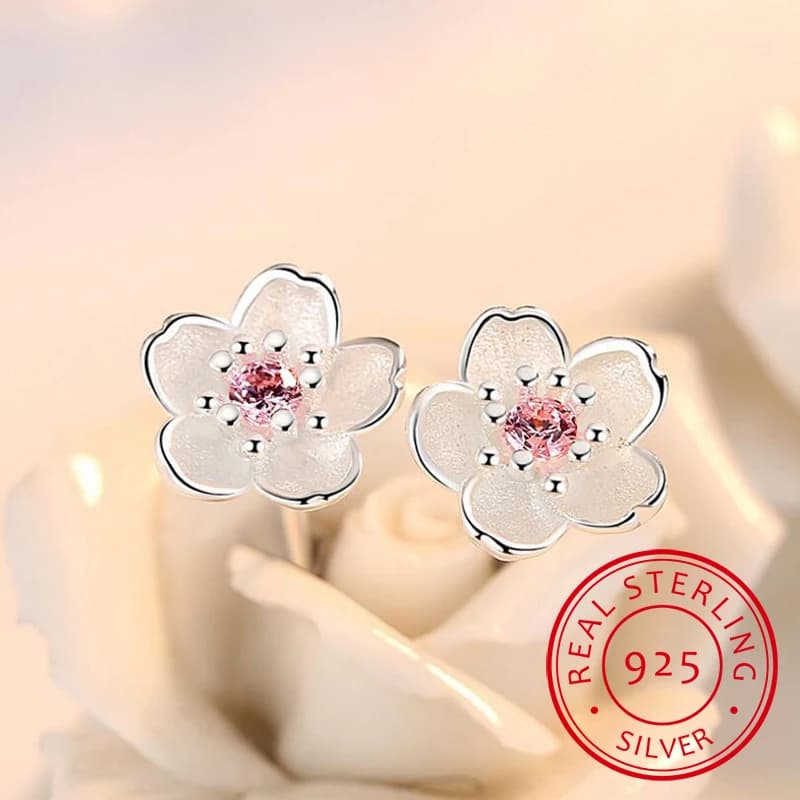 Orecchini in Argento Sterling 925 con Fiore di Ciliegio Incastonato di Zirconia Rosa, Semplici e Popolari per Donne
