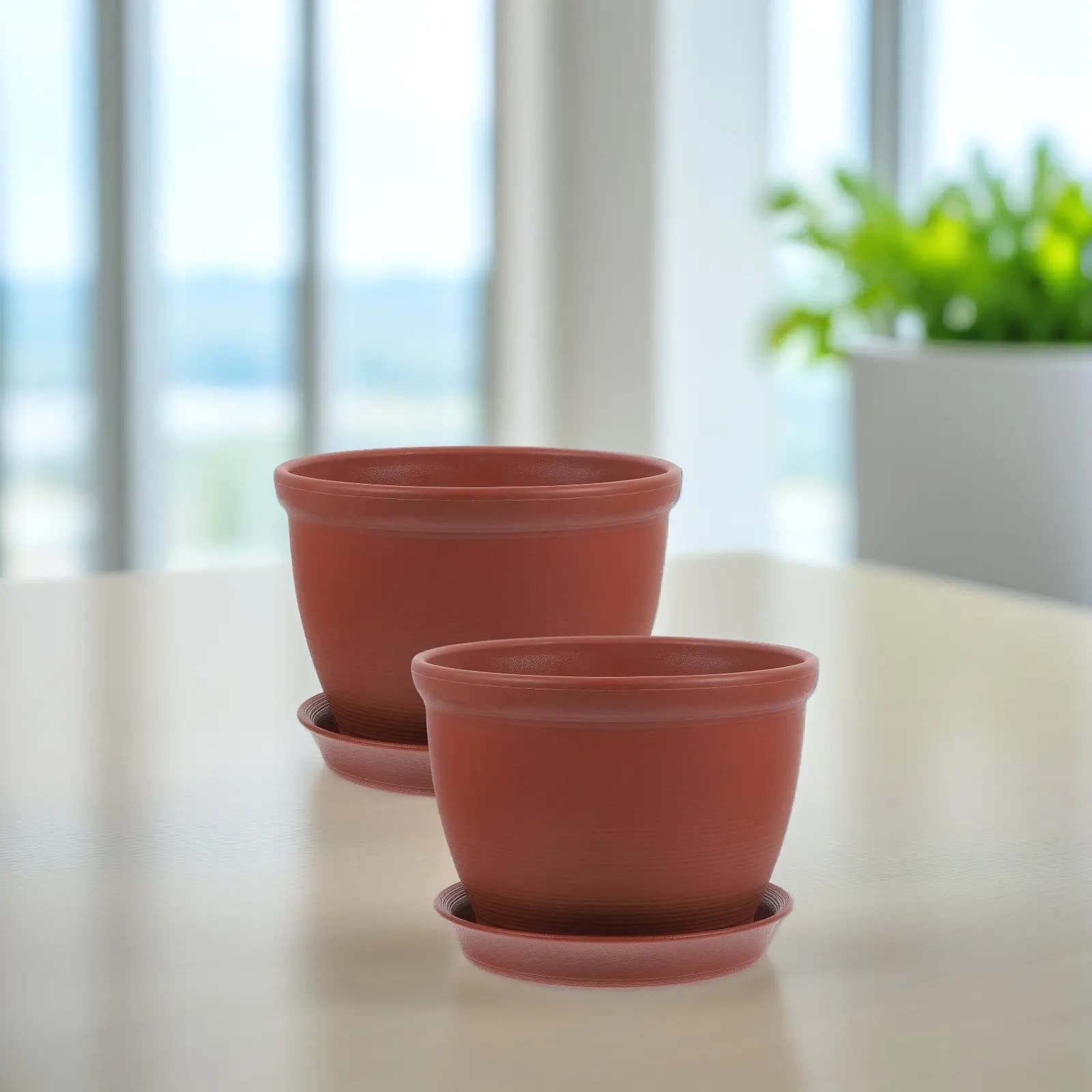 2Sets Brick Red Flower Pots Plastic Planters with Drainage Saucers for Indoor Outdoor Succulent Orchid Plant Nursery Home Decor