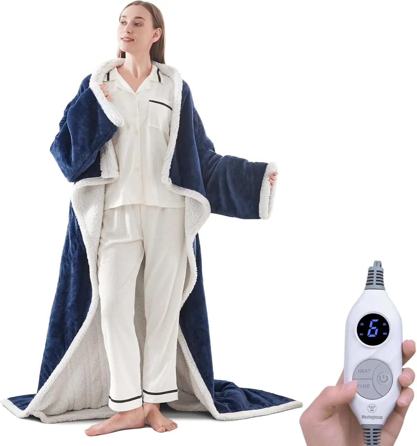 Coperta Riscaldante Indossabile con Maniche e Tasca per i Piedi, 6 Livelli di Riscaldamento, Timer da 2-10 Ore, Blu Navy