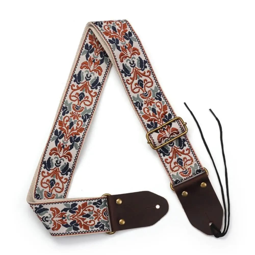 Vintage Flowers Embroidered Guitar Strap Leather Head Tail Nail Pick Guitar Strap Belt Ultra Thick Cotton Electric Guitar Belt