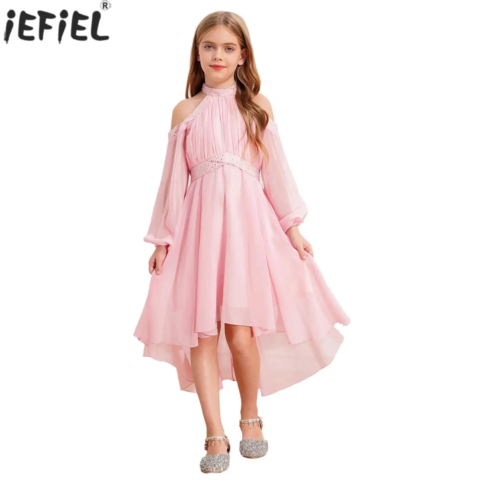 Abito da festa elegante per bambina, con scollo all'americana, spalle scoperte, vita alta, abiti in chiffon arricciato, matrimonio, compleanno, spettacolo, sera, abito da ballo