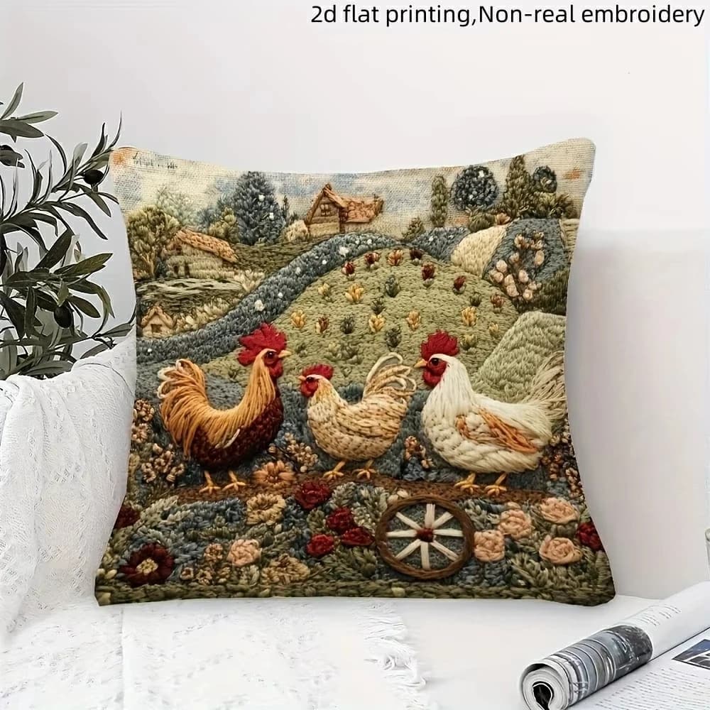 Backyard Charm: 2D printed pillow with elegant hens and landscaped design, sofa cushion lining, home decoration, 2D printing
