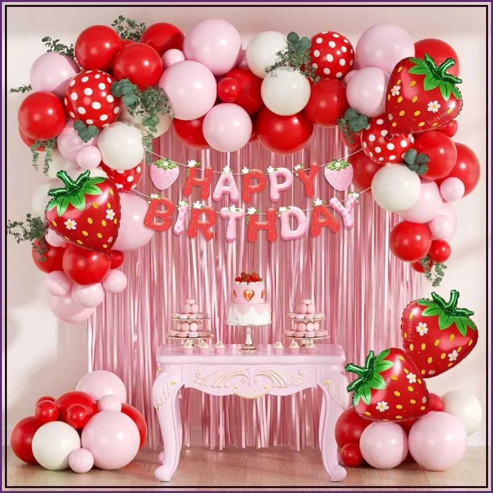 Strawberry Birthday Party Decorations - Pink Fringe Curtain, Banner & Balloons for 1st Baby Shower