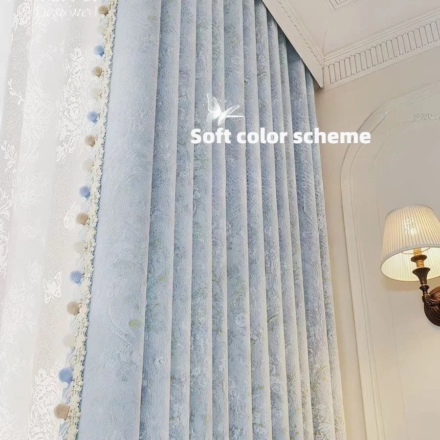 French Style Jacquard Curtain with Lace Hotel Living Room Sunshade Cloth Home Blackout Soundproof Balcony Decorative Drapes