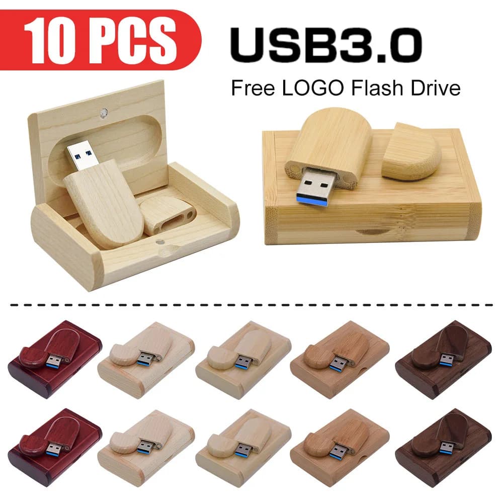10 pz/lotto Chiavetta USB 3.0 LOGO Libero In Legno con Scatola Pendrive 4GB 8GB 16GB 32GB 64GB 128GB Memory Stick U disco per il Computer Portatile