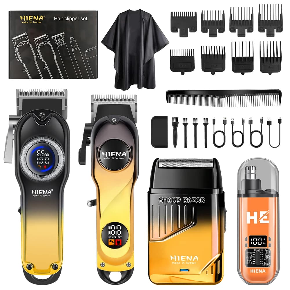 HIENA 4 In 1 Cordless Grooming Kit Dual LCD Hair Clippers Shaver Nose Trimmer Complete Hair Cutting Salon Kit