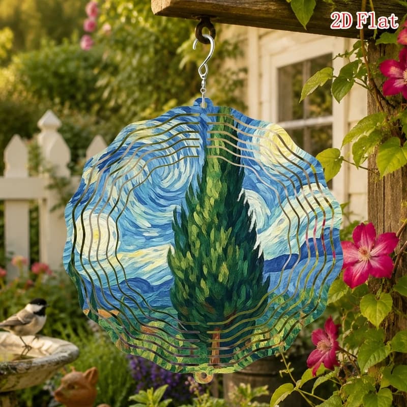 2D Flat Design, Starry Night Pine Tree, No Electricity Required, with Rotating Hook, 360 DIY Creative Wind Chime outdoor