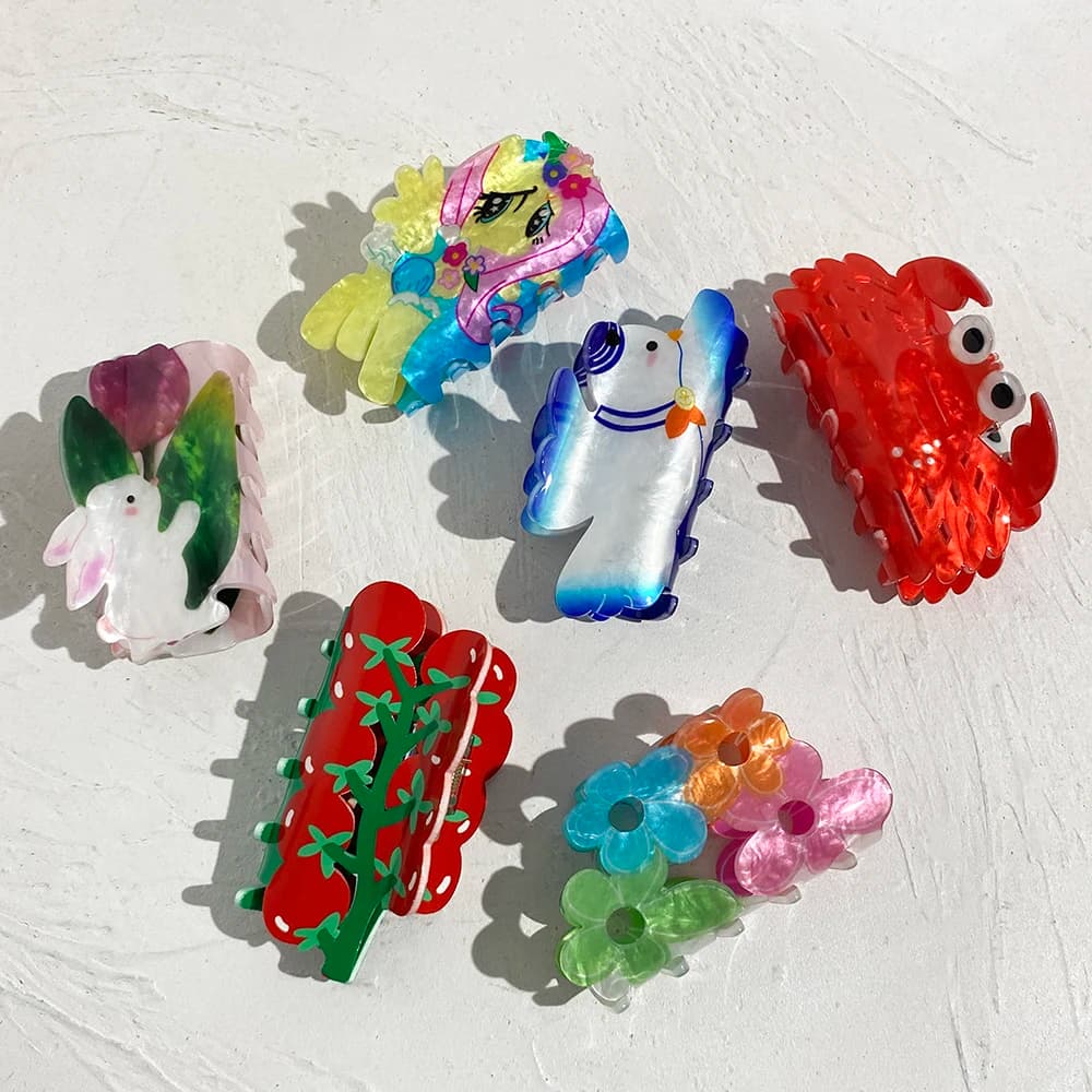 Artiglio per capelli con granchio acrilico stampato con fiore di coniglio colorato per accessori per capelli con forcina in plastica per coda di cavallo di moda per ragazze da donna