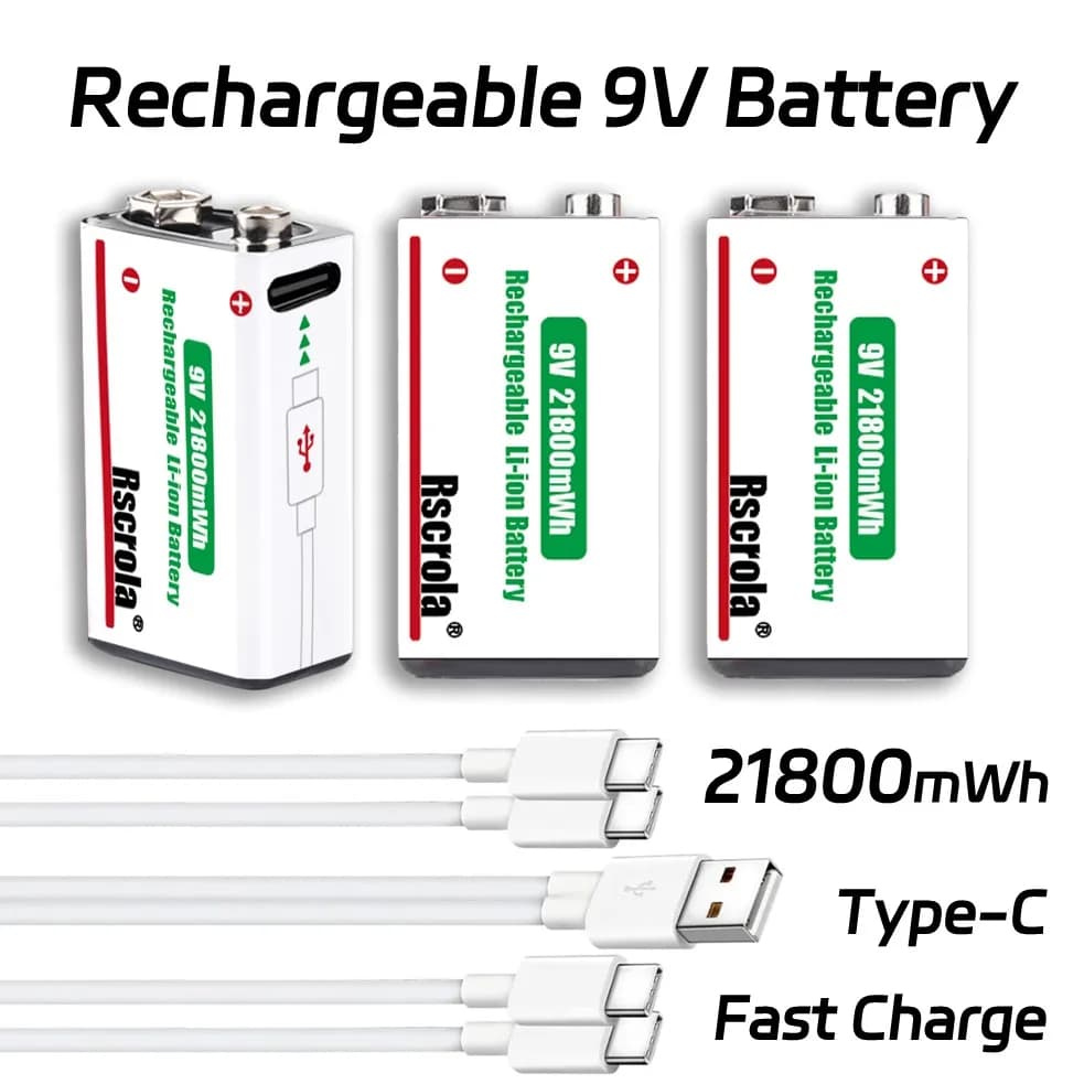 Batteria ricaricabile da 9 V Carica USB-C, batteria agli ioni di litio da 9 V a lunga durata da 1800 mWh con cavo gratuito, per fumi, fotocamera, orologi, audio
