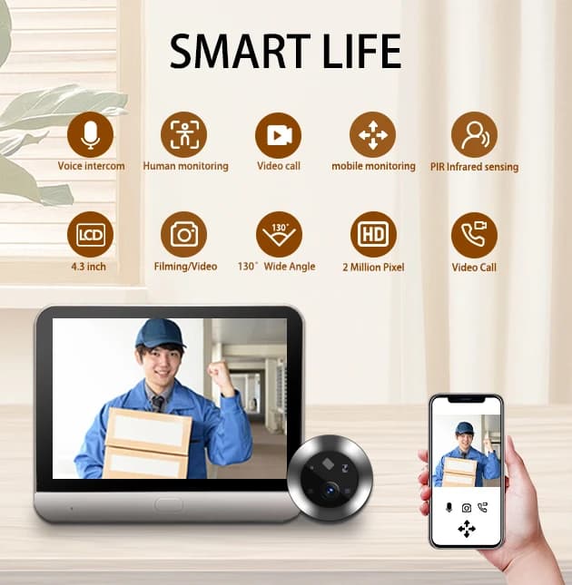 4.3inch Tuya APP WiFi Doorbell Visual Door Peephole Video Door Phone Camera PIR Home Security Wireless Intercom For IOS Android