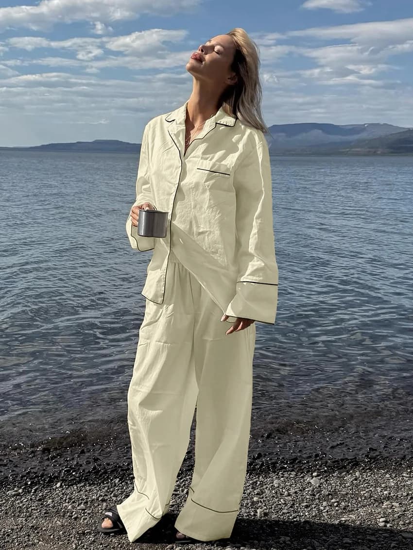 Marthaqiqi Set di indumenti da notte femminili in cotone Colletto rovesciato Pigiama Camicie da notte a maniche lunghe Pantaloni Indumenti da notte da donna invernali Abito da 2 pezzi