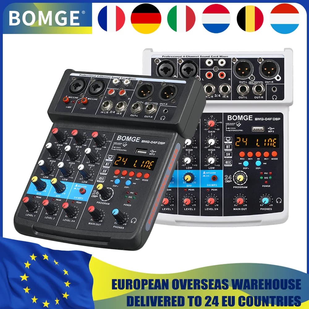 BBOMGE 4 canali 24 DSP DJ Audio Mixer audio Interfaccia Console di missaggio Karaoke desktop con ingresso MP3 Ingresso USB Bluetooth Stereo