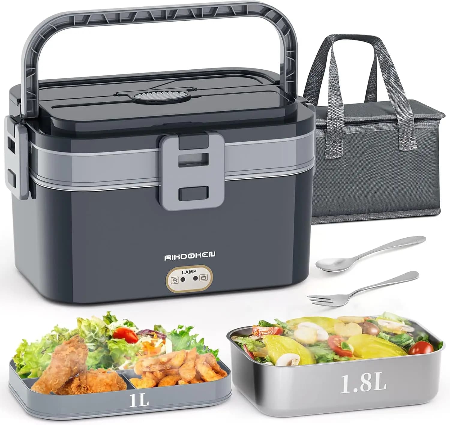 Riscaldatore elettrico per pranzo da 80 W, doppio strato da 2,8 litri, scaldavivande portatile in acciaio inossidabile 12 V/24 V/110 V con borsa, cucchiaio, forchetta