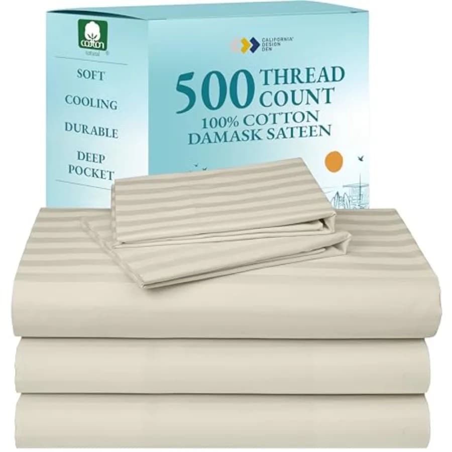 Set of Split King Size Sheets 100% Cotton 500 Satined Wires with Profonde Pockets for Twin-XL Regular Bed with Elastic