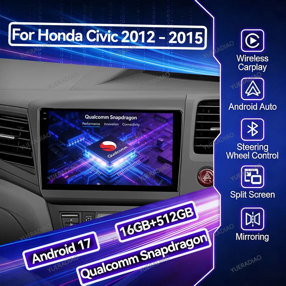 Android 17 Car Radio For Honda Civic 9 2012 - 2016 Multimedia Video Player QLED 4G LTE 5G WIFI GPS NAVI Head Unit 2DIN BT Stereo