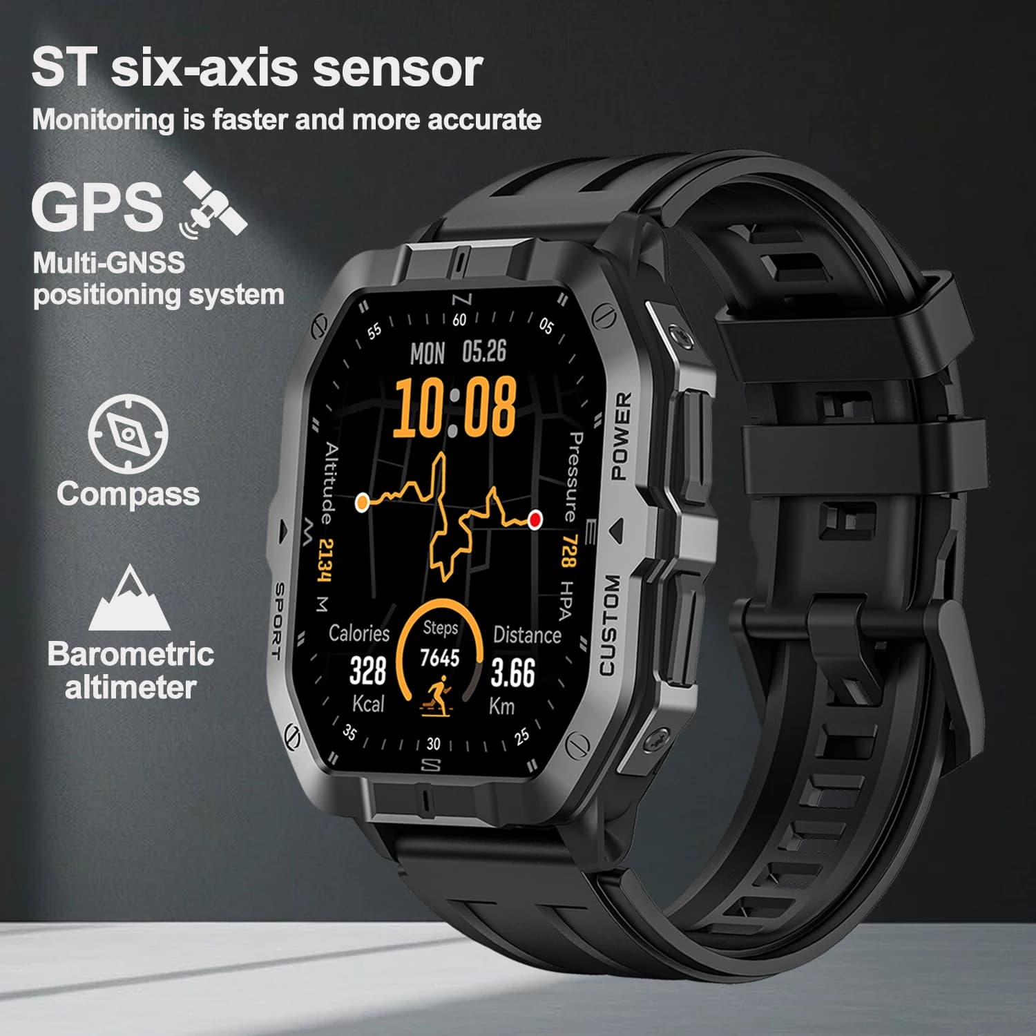 Orologio intelligente GPS da uomo con display HD da 2,02 pollici, bussola, altimetro barometrico, funzione SOS, smartwatch sportivo da donna di livello militare per sport all'aria aperta