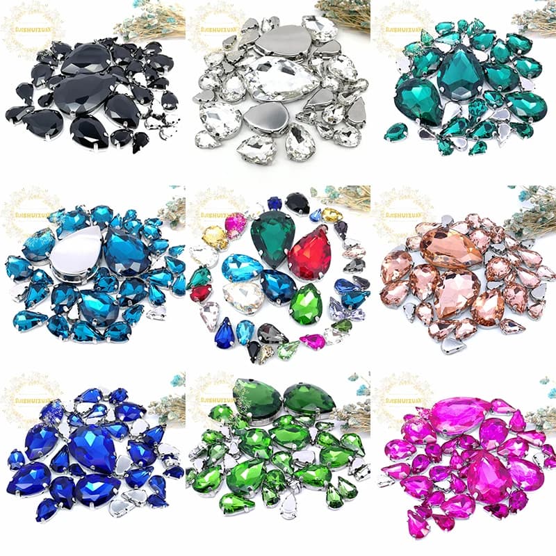 30 Pezzi/Sacchetto Cristalli in Vetro Argento a Forma di Goccia con Montatura a Griffe, Strass da Cucire per Accessori Abiti da Sposa Fai-da-Te