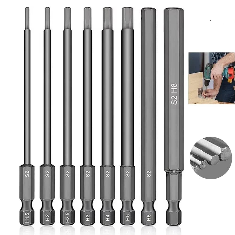 8 pcs 100mm Hexagonal Head Brugon Key Drill Tips Set SAE Metric Allen Electric Hexagonal Toe Screwdriver Bit Parts Electric Tools
