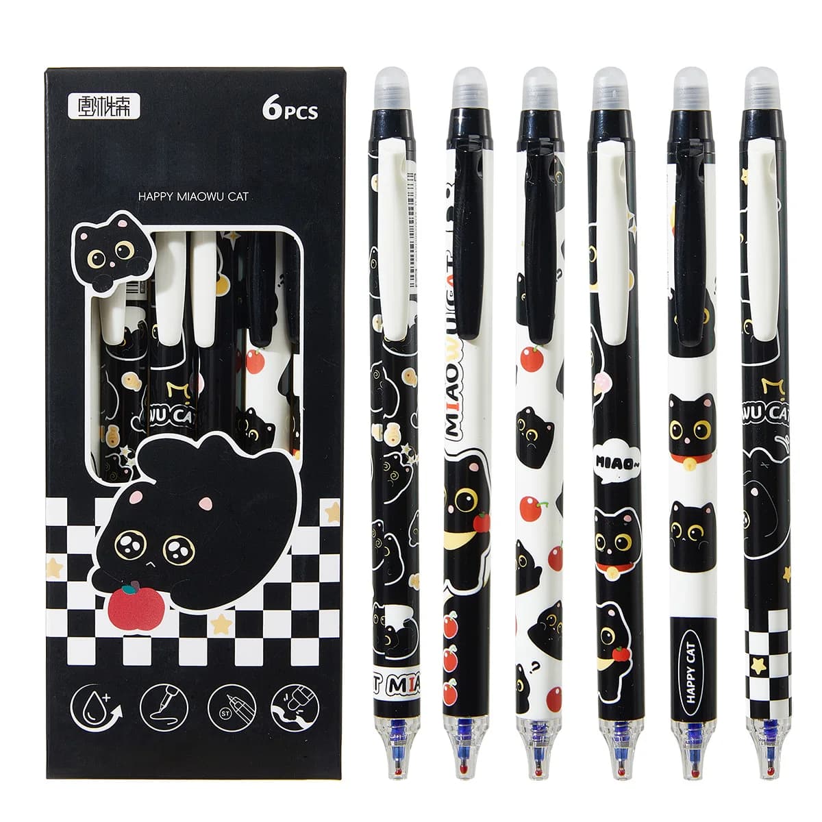 Penne gel cancellabili per gatti carini da 6 pezzi, inchiostro blu da 0,5 mm ad asciugatura rapida, senza sbavature, per il ritorno a scuola e set regalo