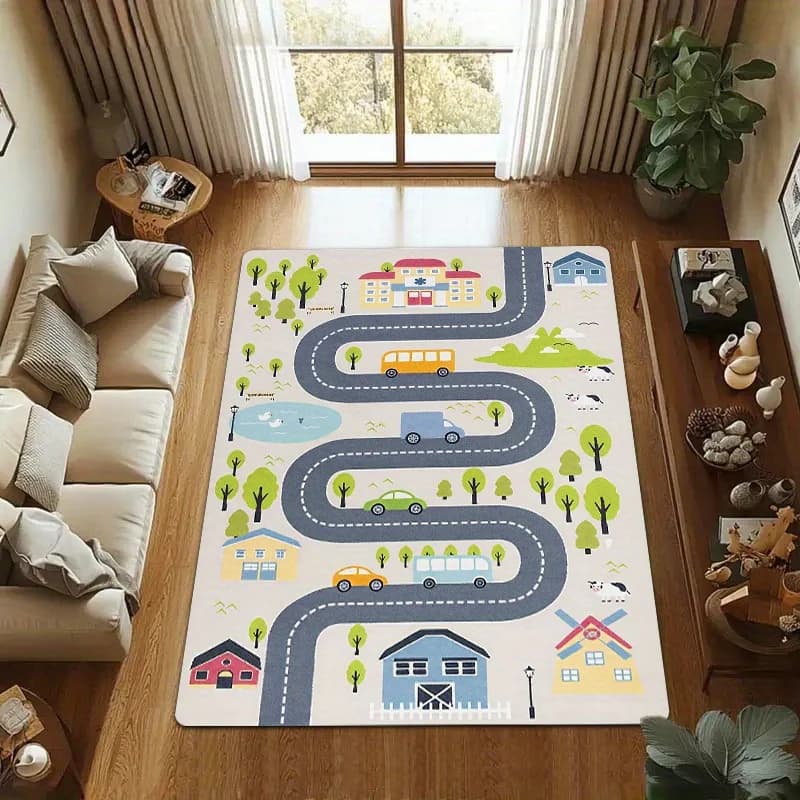 Tappetino da gioco per bambini "Farm Road" – Design colorato con case e auto, morbido flanella per uso interno/esterno in soggiorno, sala giochi o giardino