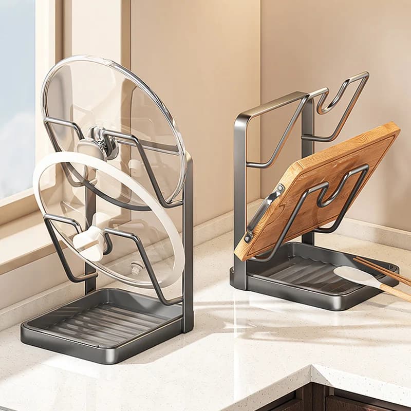 ​Kitchen Pot Lid Rack No Drill Pot Lid Organizer Kitchen Space Saving Countertop Organizer Rack with Drainage Tray Easy to Clean