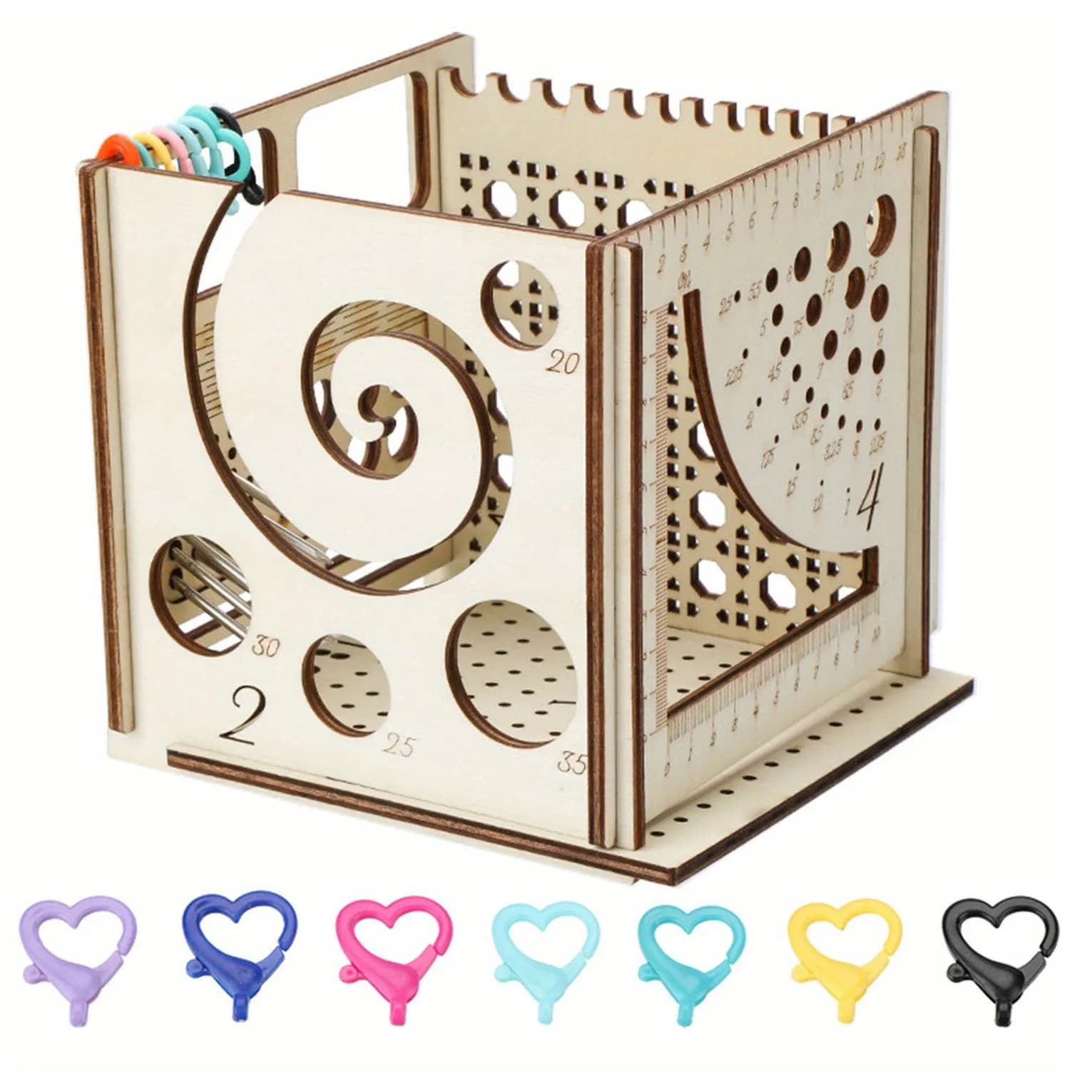 Wooden Crochet Hook Organizer, Multi-functional Knitting Tool Holder with Size Holes & Ruler, Crochet Accessories Storage Box