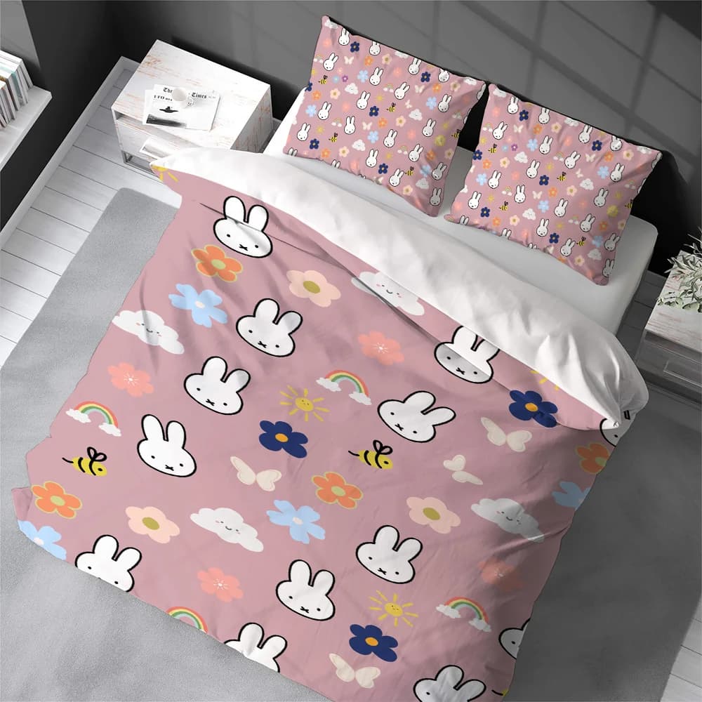 Set Copripiumino M-Miffy Cartoon, Biancheria da Letto Stile Casa, Morbido Cotone, Set 3 Pezzi, Regalo per Dormitorio Studentesco