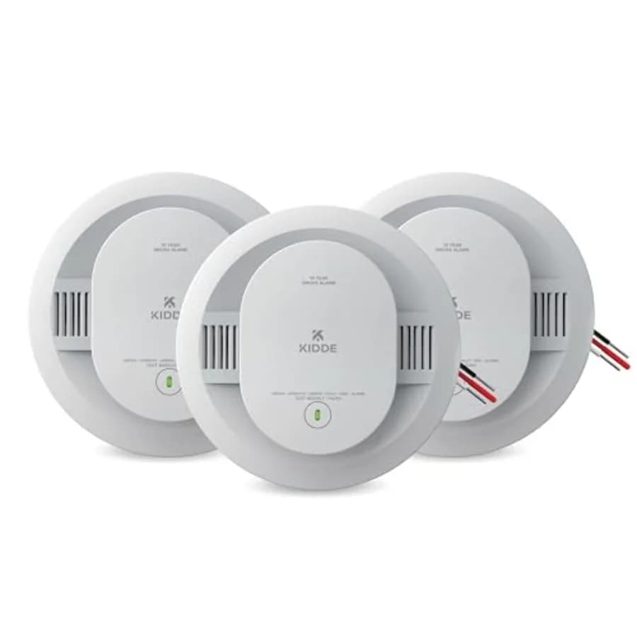 Smoke Detector for home safety, ABS plastic, white, hardwired with 10-year battery backup and interconnectable functionality