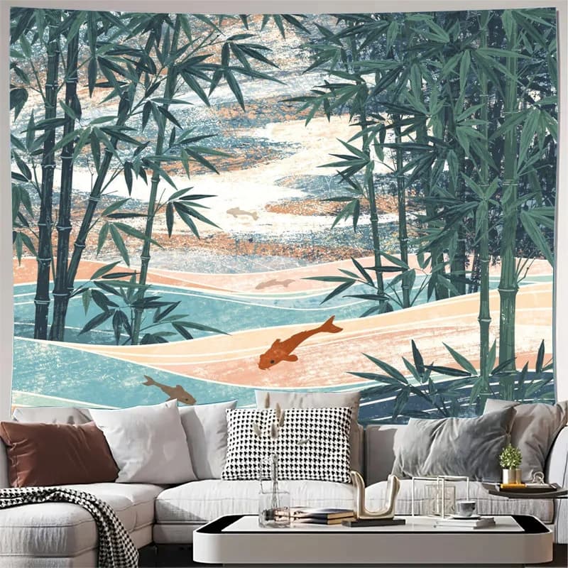Large Bamboo Forest Landscape Tapestry Wall Hanging Decor for Modern Home Japandi Jungle Art Prints Wall Artwork Koi Fish Backgr