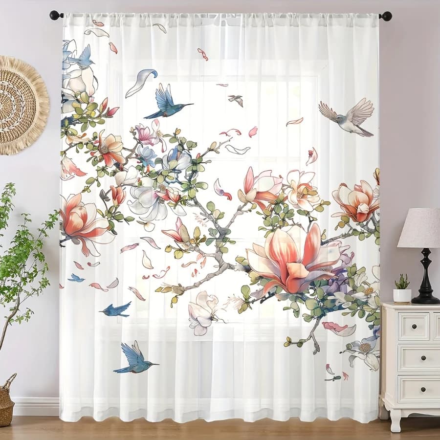 Digital Print Sheer Curtains, Flower Shadow Bird Pattern, Chinese Bird Flower Style for Living Room Bedroom Window Decor