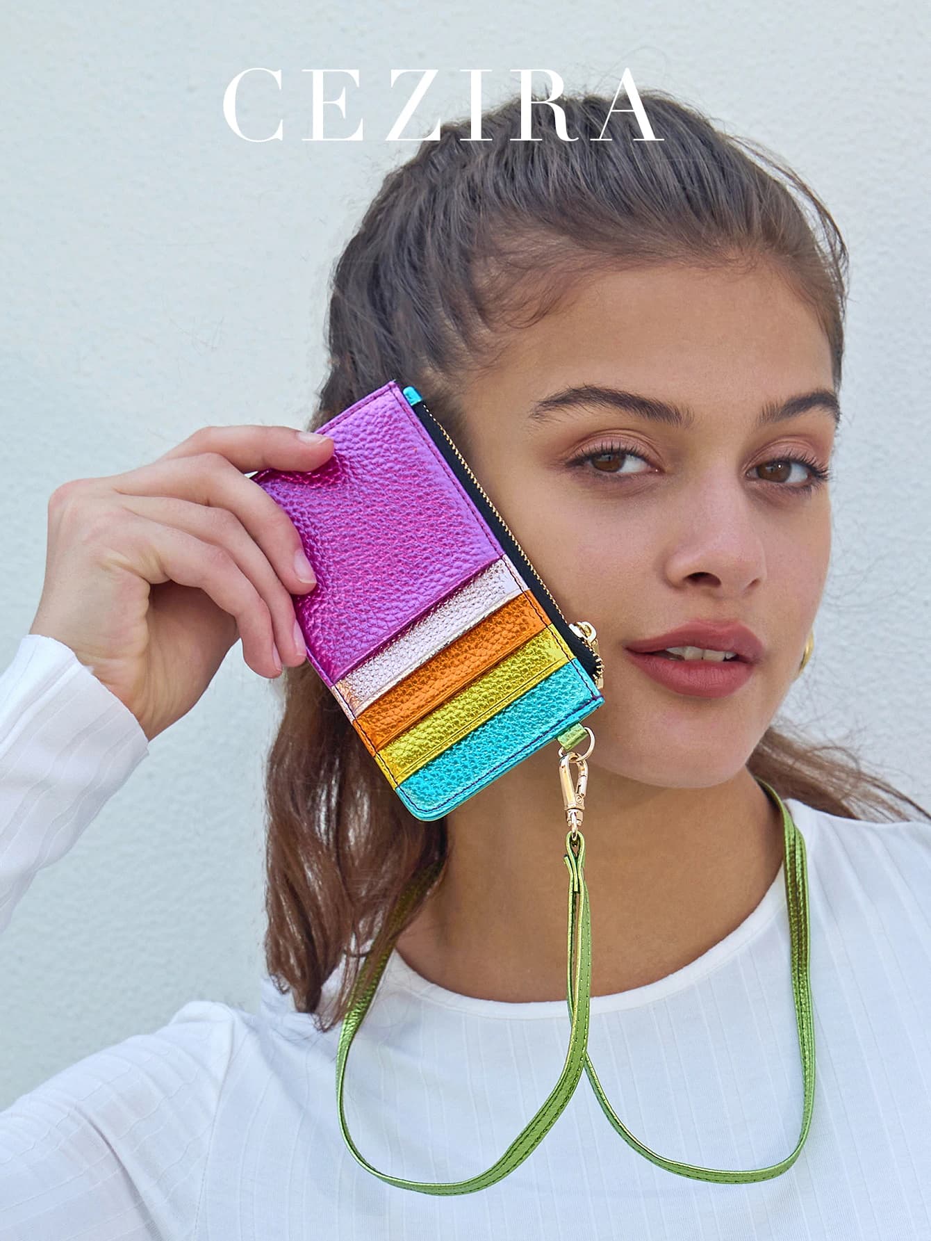 CR Porta carte sottili in pelle PU colorata metallizzata moda donna con cintura a tracolla con chiusura a cerniera portamonete mini portafoglio RFID