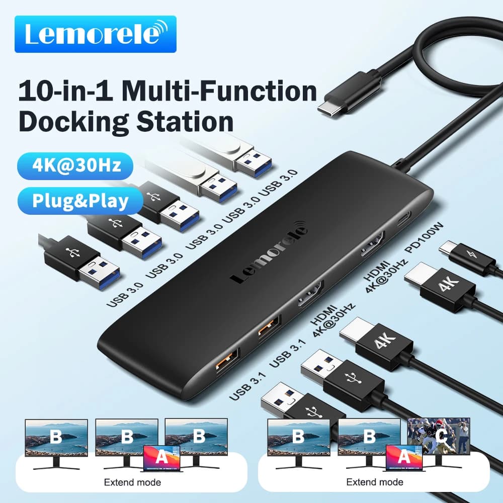 Lemorele Hub USB C 10 in 1, docking station Type C con doppia uscita HDMI 4K e ricarica rapida PD 100W per Macbook, laptop, proiettore.