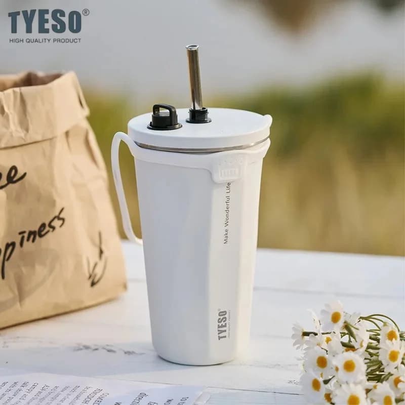 Tazza Termica Sfumata TYESO 600ml, Mantiene Caldo e Freddo, con Manico Portatile e Cannuccia, Senza BPA, Antigoccia, per Auto
