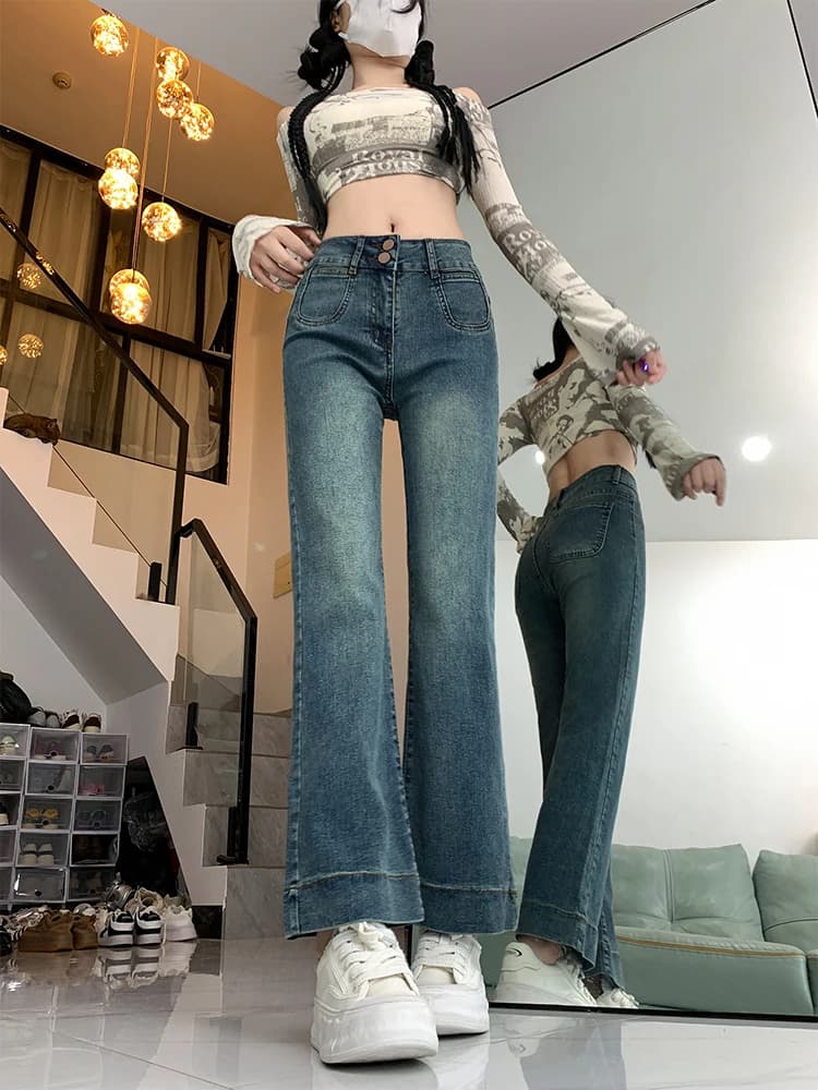 Jeans a Zampa d'Elefante a Vita Alta da Donna, Design Autunnale, Modellanti, a Nove Punti, con Doppia Fibbia, Taglie Forti
