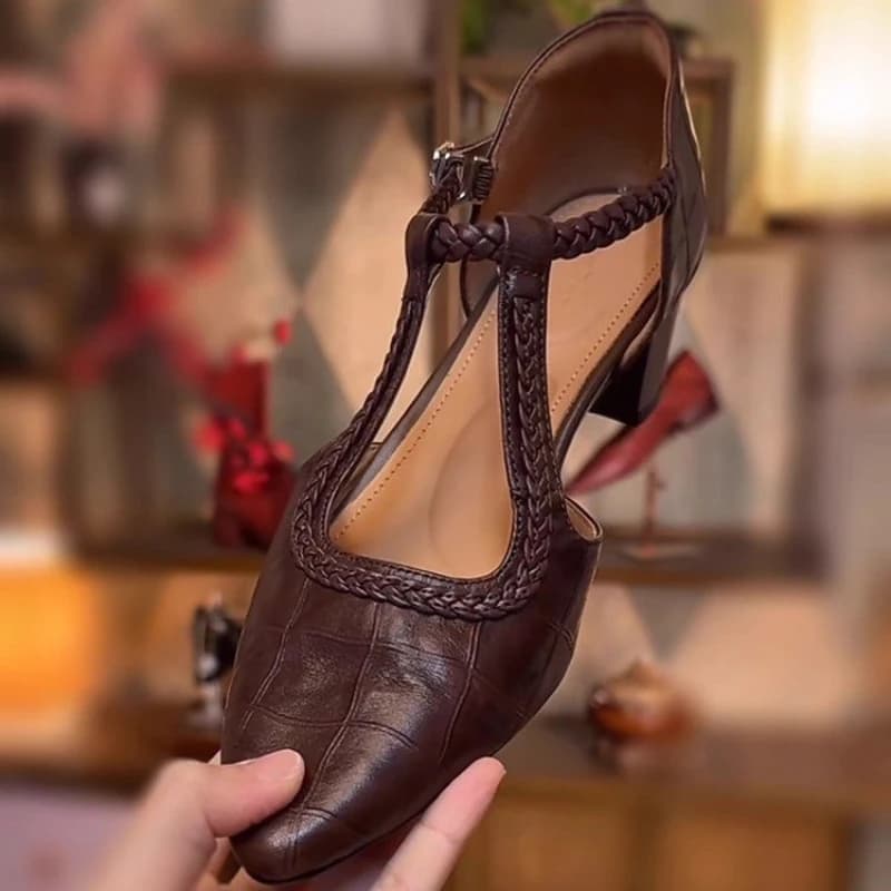 Sandali con tacco e cinturino a T testurizzato da donna, scarpe versatili casual intrecciate con fibbia alla caviglia