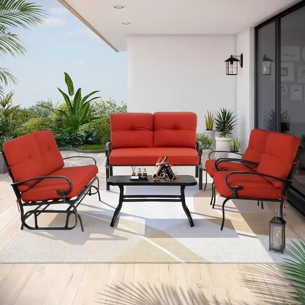 6-Seat Outdoor Patio Furniture Set with Glider, Loveseat, Coffee Table, and 2 Lounge Chairs in Red Cushions
