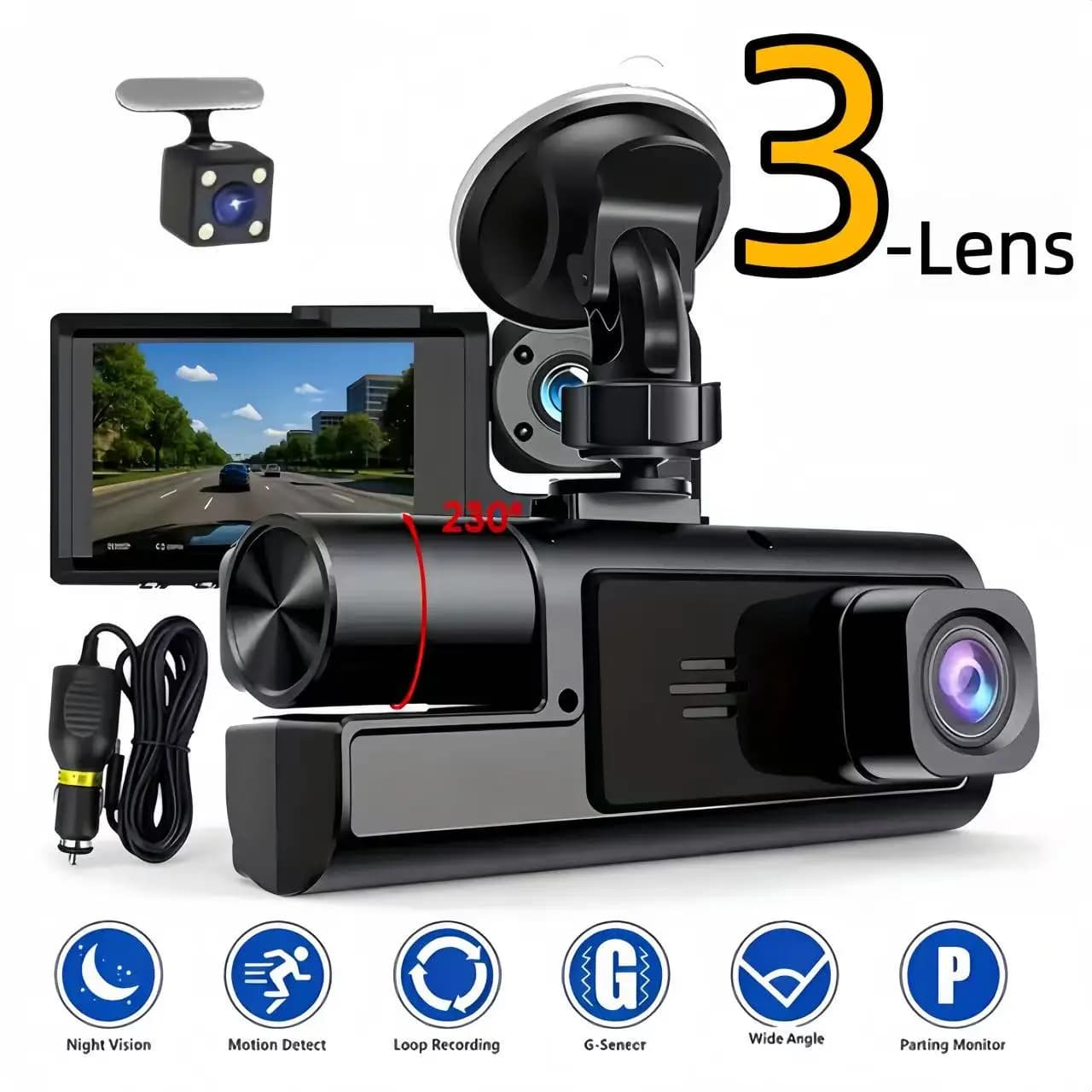 1080P 3 Channel Dash Cam, Triple Lens Recording, IR Night Vision, Ultra Wide Angle, Auto Loop Recording, Universal Fit