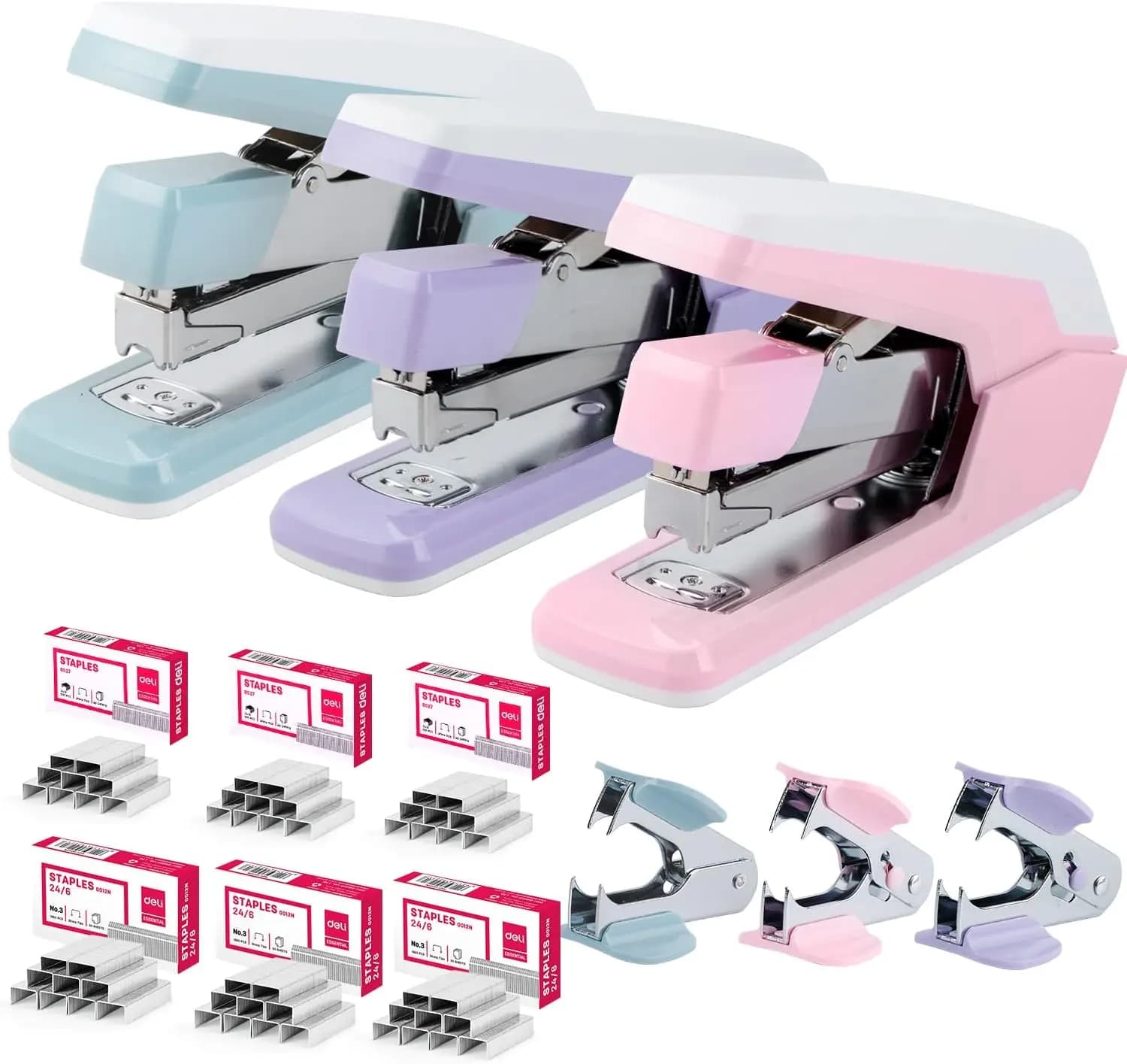 Cucitrice Senza Sforzo, Capacità 40-50 Fogli, Resistente, One Touch, Confezione da 3 con 1500 Graffette e Smacchiatore