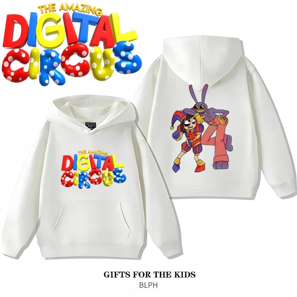 Felpa con Cappuccio per Famiglia a Tema Circo Digitale, Primavera-Autunno, con Tasche, per Bambini e Adulti