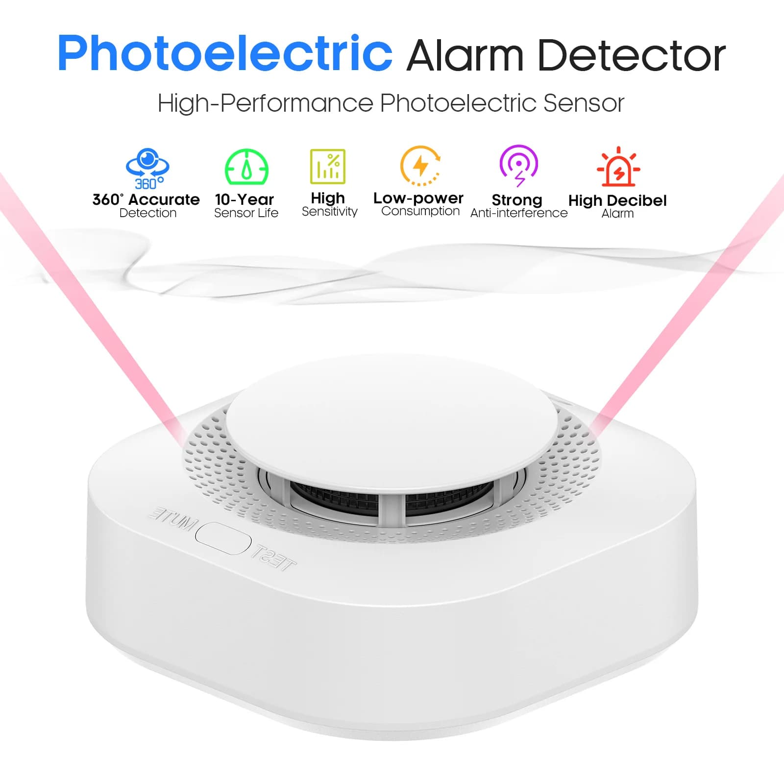 Rilevatore di fumo wireless con rilevamento a 360°, sensore fotoelettrico DC 3V per hotel, uffici e scuole, ideale per la sicurezza.