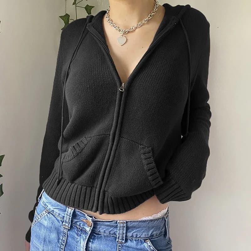 Women's Clothing Warm Hooded Zipper Cardigan Pocket Solid Color Sweater Hoodies Jacket Slimming Short Elegant Top Sweatshirts