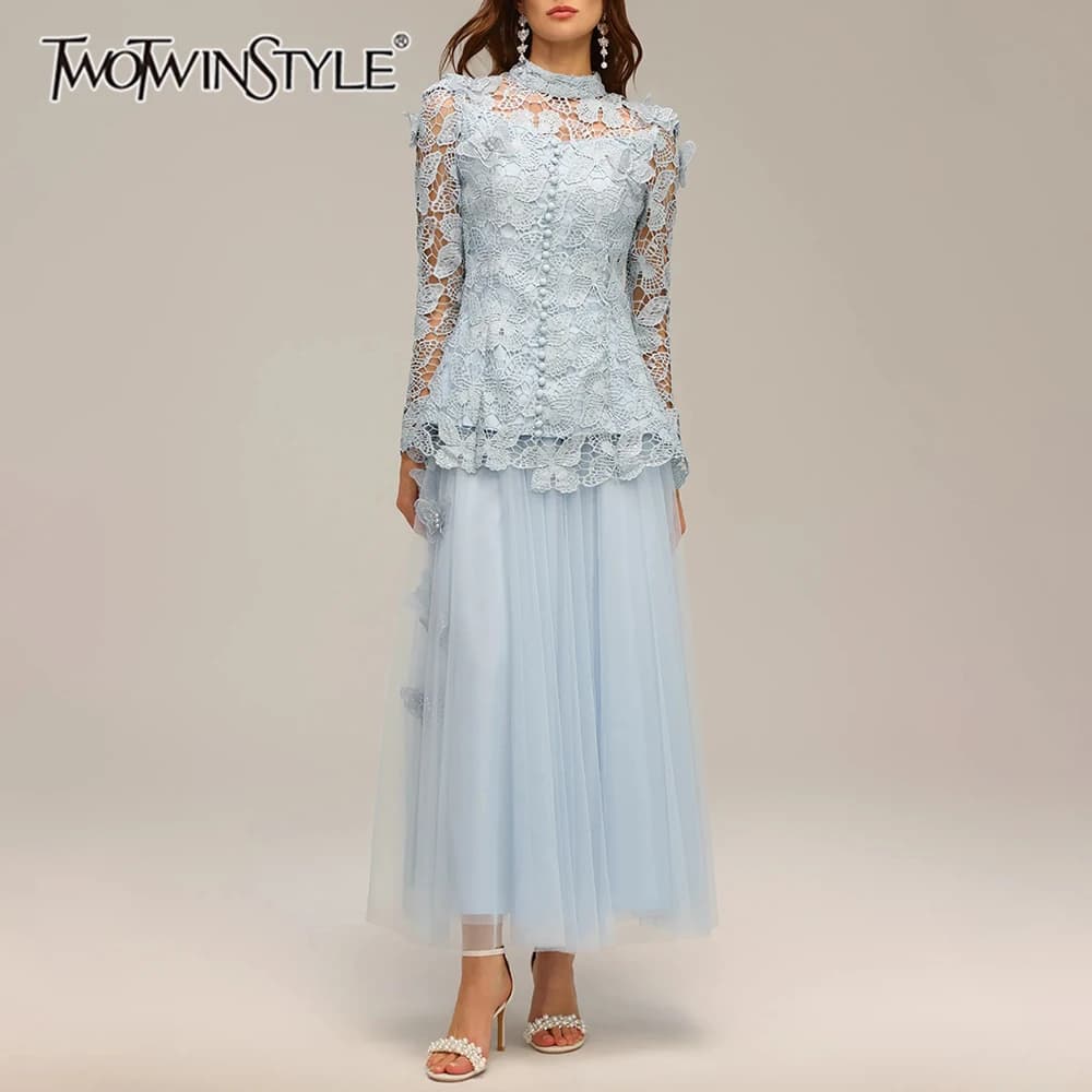 TWOTWINSTYLE Set di due pezzi solidi per donna Colletto alla coreana Manica lunga Impiombato Applique Top Gonna a rete patchwork a vita alta Donna