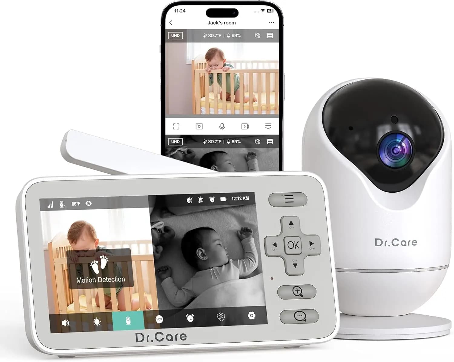 Monitor per Bambini WiFi Intelligente con Schermo Diviso da 4 Pollici 720P, Telecamera 1080P, Avvisi di Movimento, Visione Notturna, Comunicazione Bidirezionale, Registrazione Video