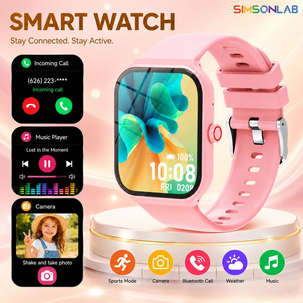 2026 New Square Smart Watch for Men Women Kids Bluetooth Call Full Touch Screen Smartwatch Music Control Camera Control Message