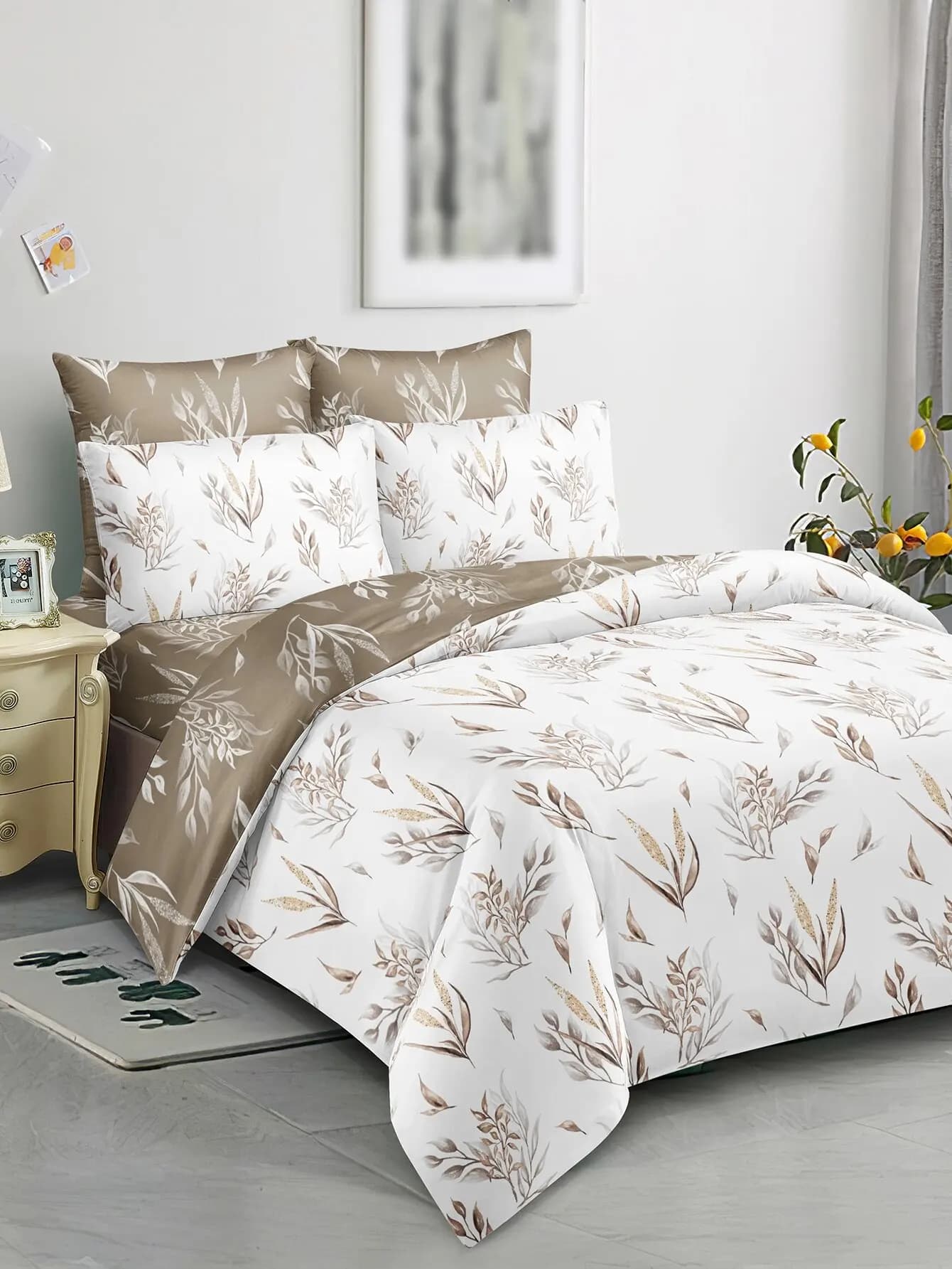 Set of 3-piece bed linen with botanical print, duvet cover and microfiber soft pillowcase