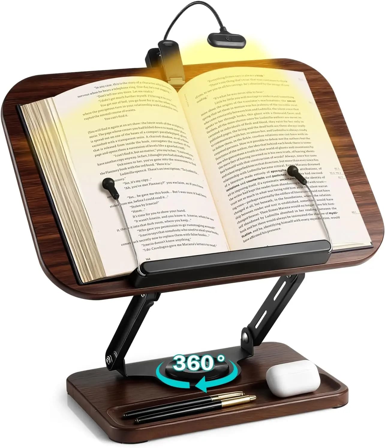 Supporto per Libri in Legno con Luce e Vano Portaoggetti, Altezza Regolabile e Rotazione a 360° ° Supporto Angolato per Lettura Senza Mani, Ricette, Riviste, Laptop