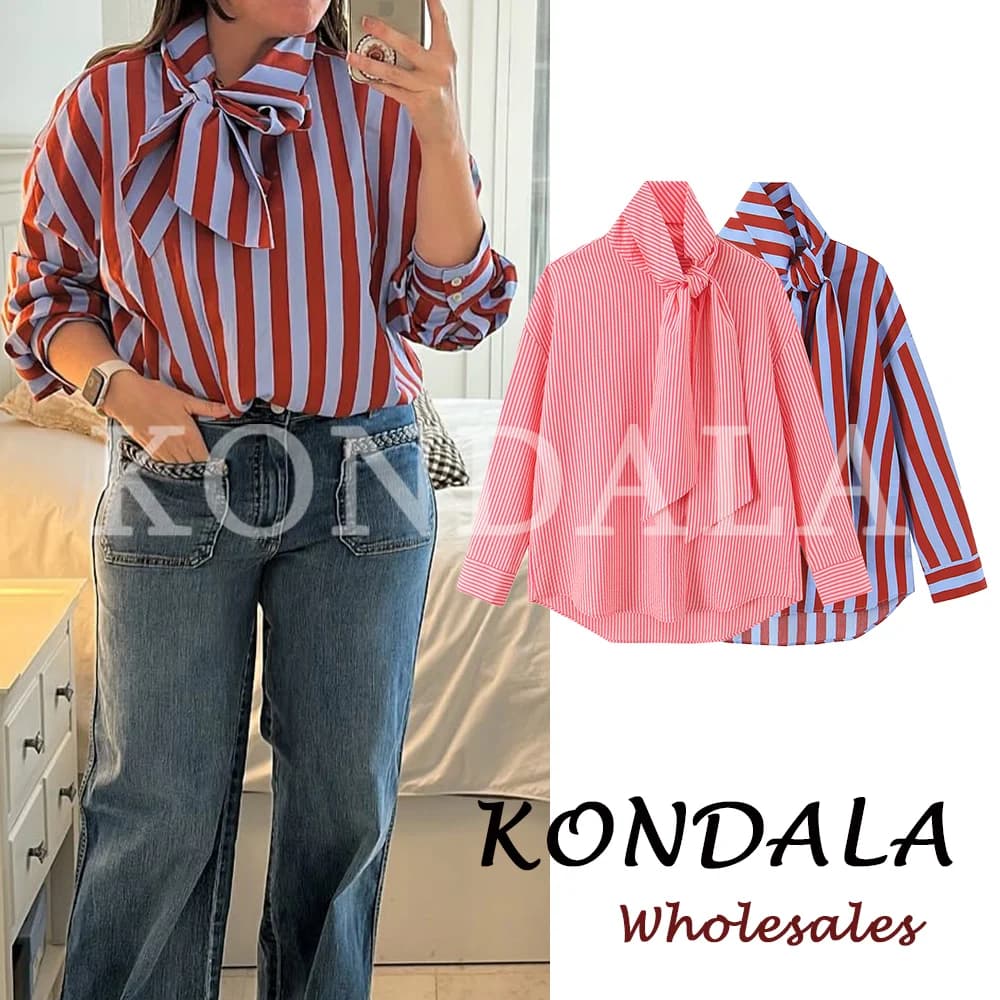 KONDALA Camicia Vintage a Righe con Fiocco da Donna, Casual, Asimmetrica, Moda Primavera 2026, Camicia Monopetto, Streetwear Chic Femminile