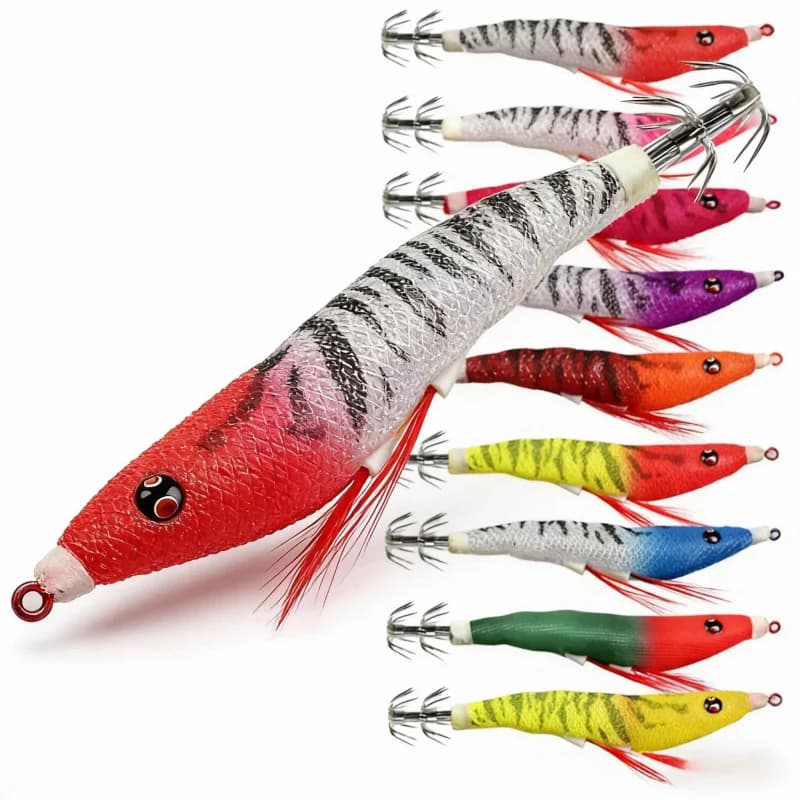 Esca Luminosa in Legno a Forma di Gambero 11cm 7g con Amo Speciale a Ombrello e Perline Sonore, Set Box Esche per Calamari e Seppie