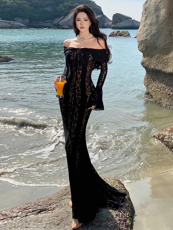 Single Shoulder Dress Lace With Long Coil, Women's Polyester Fiber Wrap skirt